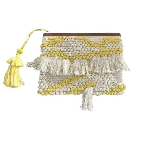 Yellow & White Embroidered Woven Clutch - Picture 1 of 5